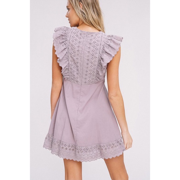 Mauve Embroider Eyelet Ruffle Sleeve Dress - Picture 3 of 7